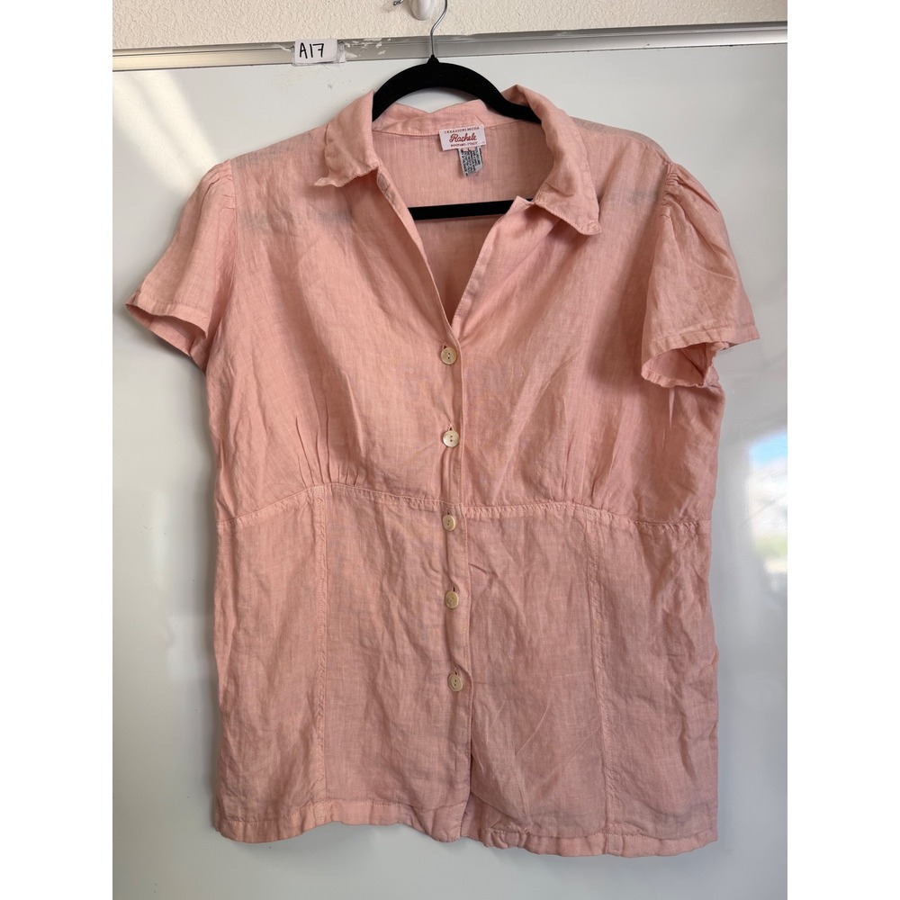 Rachele Positano Italy Pink 100% Linen Puff Sleeve Button Down Shirt Large